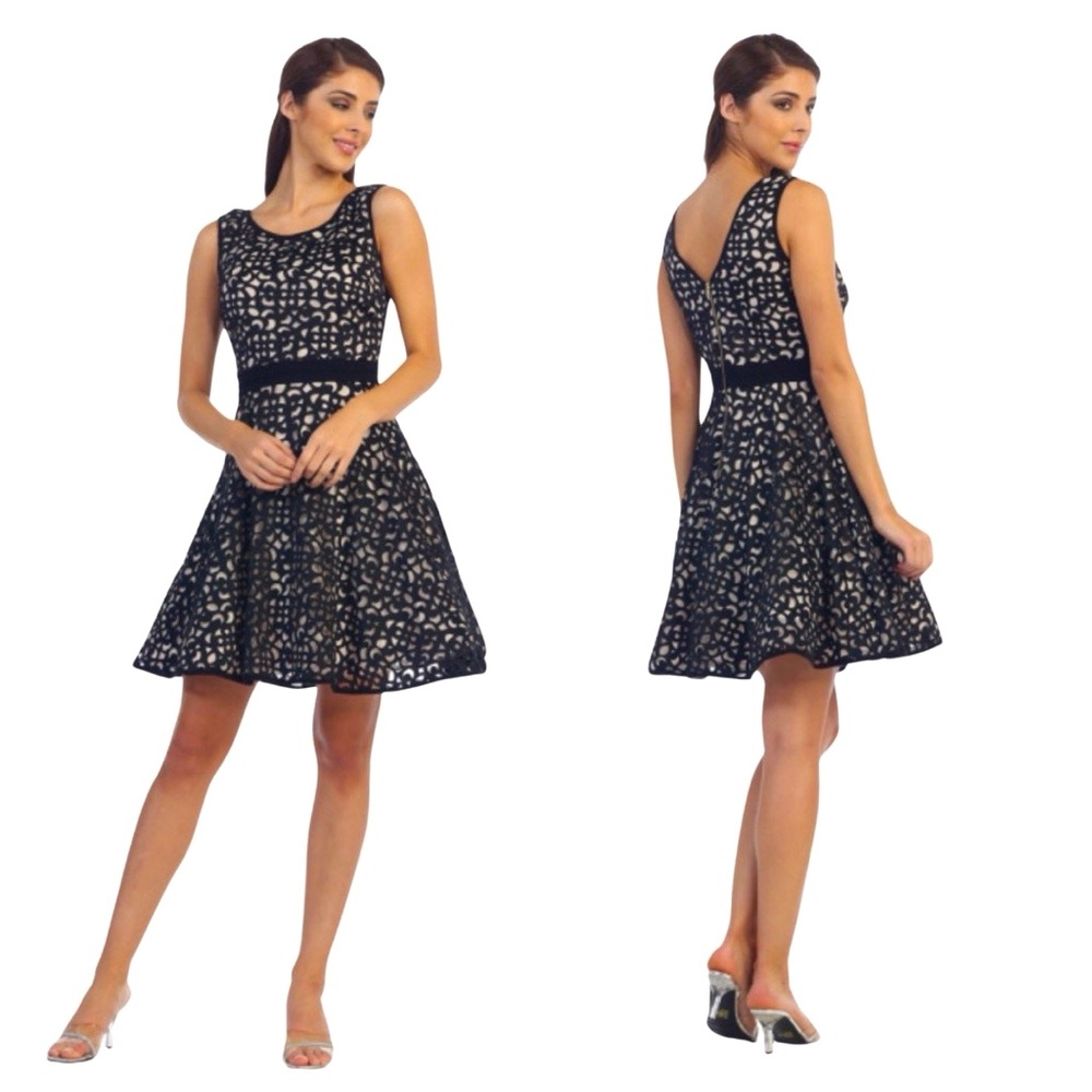 Xscape A-line Black Mini Laser Cut Sleeveless Cocktail Dress Size 6 Made In USA